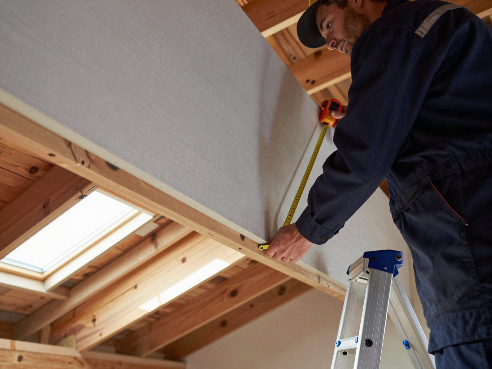 Professional electrician installing attic insulation